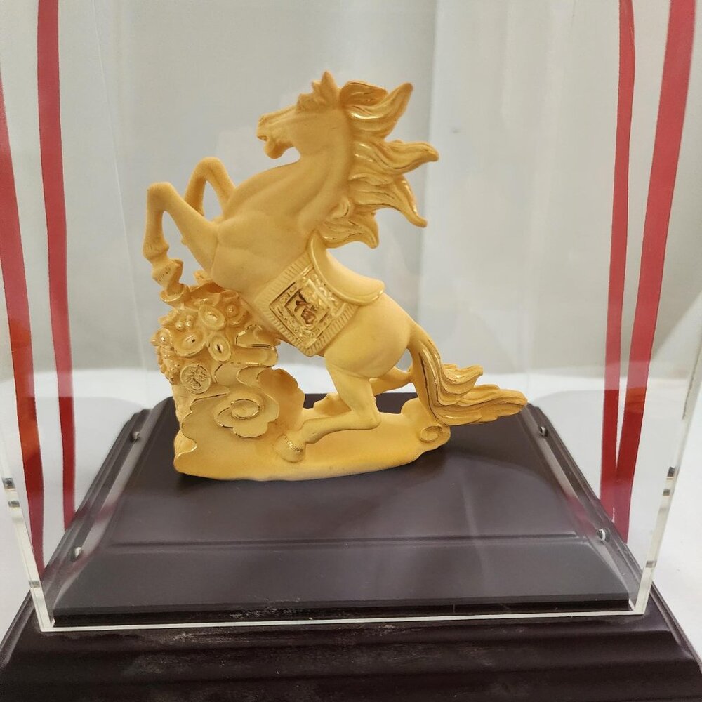 Golden Horse Figurine on Wood Base in Acrylic Case Feng Shui Symbol of 2026